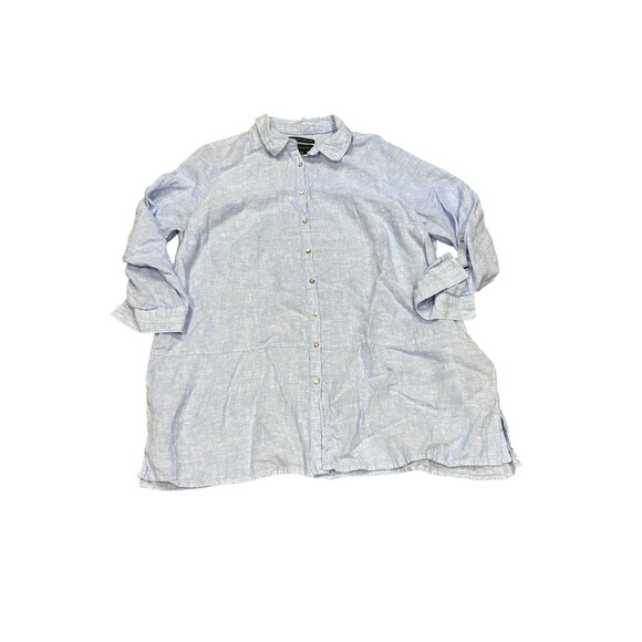 Tahari Shirt Womens 1XLight Blue 100% Linen Button Front Tunic Roll Tab Casual - Picture 1 of 8